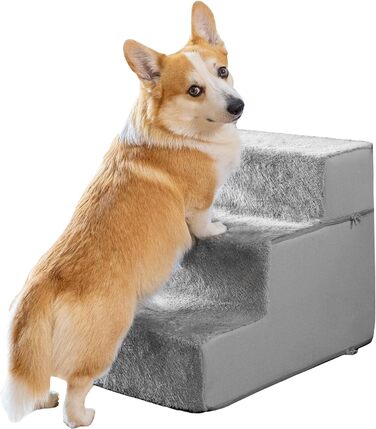 Сходинки для собак на ліжко та диван - 4 сходинки, 58 см заввишки - з пінопласту для маленьких собак - безпечні та стійкі - знімний, пральний чохол - світло-сірий