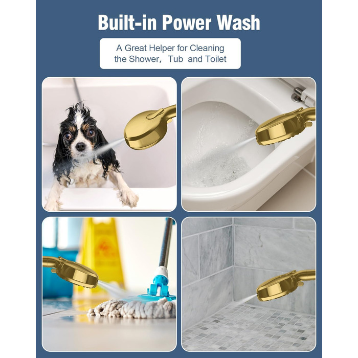Душова лійка BOWGER з фільтром, 6 режимів, високий тиск, режим Power-Wash, фільтр від жорсткої води, знімний ручний душ з довгим шлангом, золота