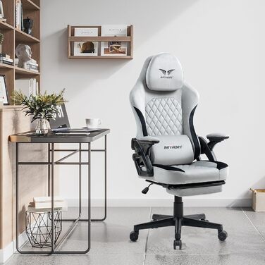 Геймерське крісло Racing Ergonomic Stoff Hellgrau з регульованою підголівкою та підставкою для ніг