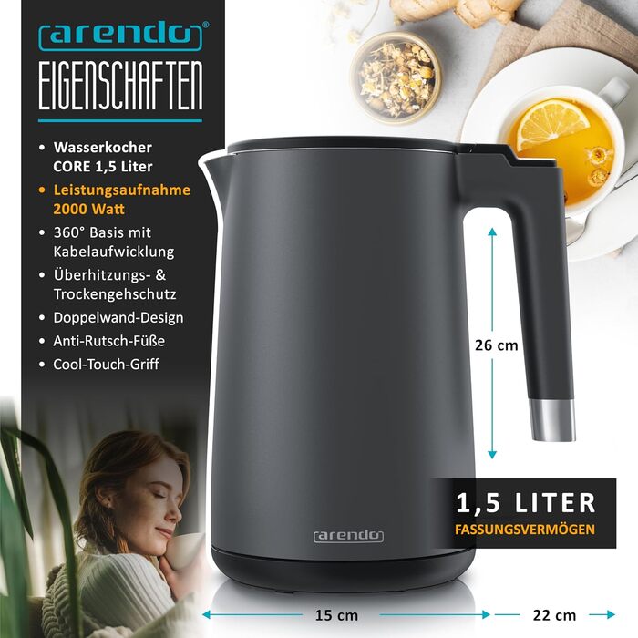 Електричний чайник Arendo з нержавіючої сталі 1.5 л, 2200 Вт, подвійні стінки, 360°, без BPA, захист від перегріву та сухого кипіння, чорний матовий сірий, 1.5 л
