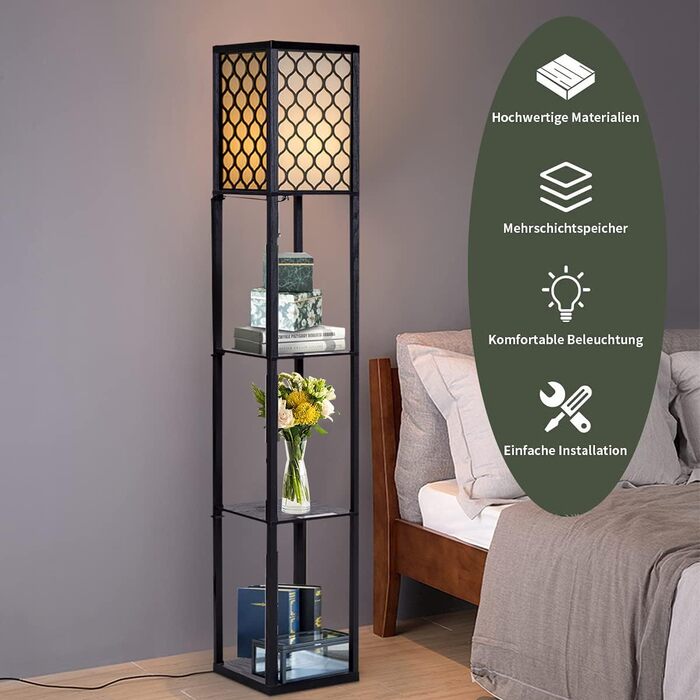 Стельова лампа RELAX4LIFE з 3 полицями, 26 x 26 x 160 см, чорна (Модель 2)