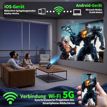 Портативний проєктор Mini Beamer 4K з WiFi 6, Bluetooth 5.2 та Android, 1080P Full HD, автоматична корекція трапеції, підтримка PC/HDMI/USB, з пультом та мишкою, чорний