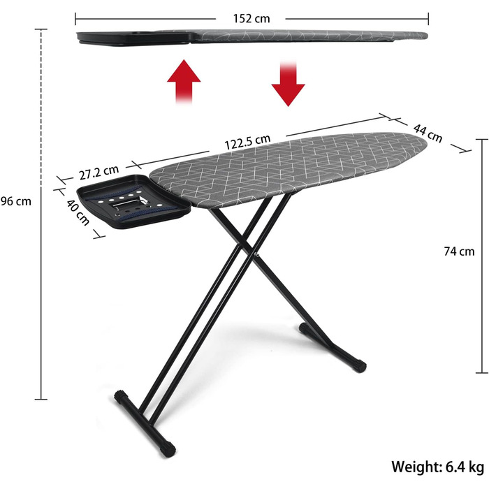 Прасувальна дошка Duwee Extra велика з парогенератором, термостійкий чохол з товстим двошаровим наповнювачем, регульована висота, міцні стабільні ніжки та складана, 122 x 43 см, сіра