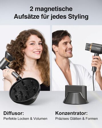 Іонський фен Feekaa з дифузором та магнітною насадкою, для подорожей та кучерявого волосся, 4 температурні режими, матовий чорний