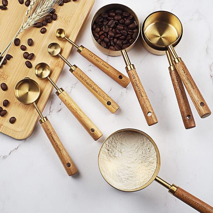 8-Piece Stainless Steel Measuring Cup and Spoon Set with Wooden Handle for Dry and Liquid Ingredients (Gold)