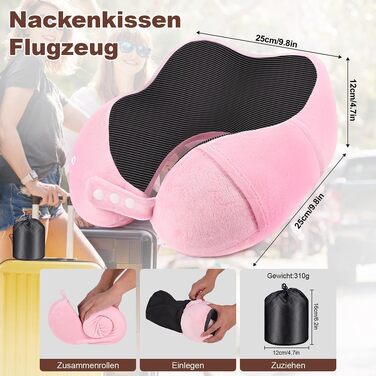 Подушка для шиї в літак та автомобіль з ефектом пам'яті (Memory Foam), набір для подорожей з маскою для сну, берушами та сумкою, рожева
