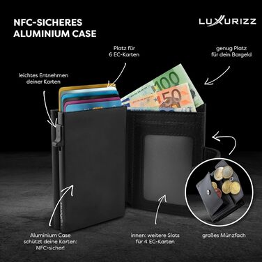 Чоловічий та жіночий шкіряний гаманець Luxurizz Smart Wallet з RFID-захистом - Slim модель з відділом для монет та Slider-системою (10 карт, чорний)