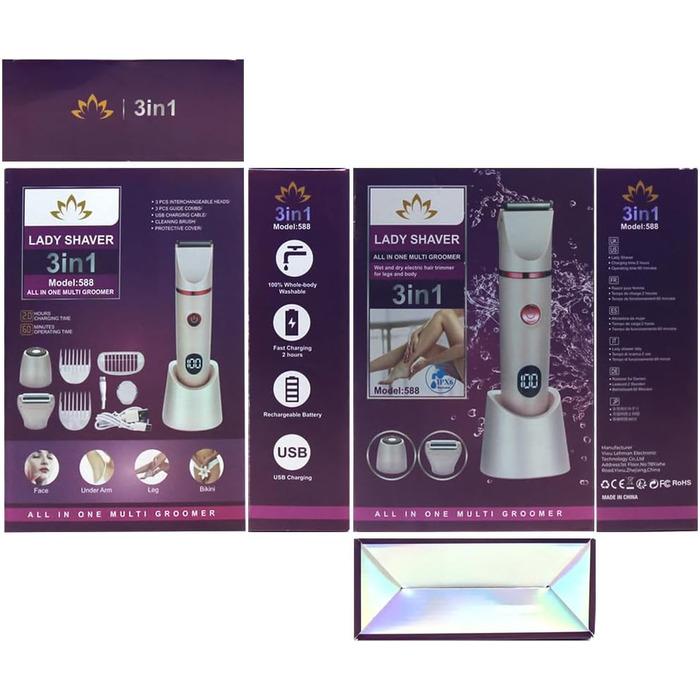 Електричний жіночий тример 3-в-1 для тіла, інтимної зони, IPX6 водонепроникний, для мокрого та сухого використання, тример/епілятор/бритва (Рожевий)