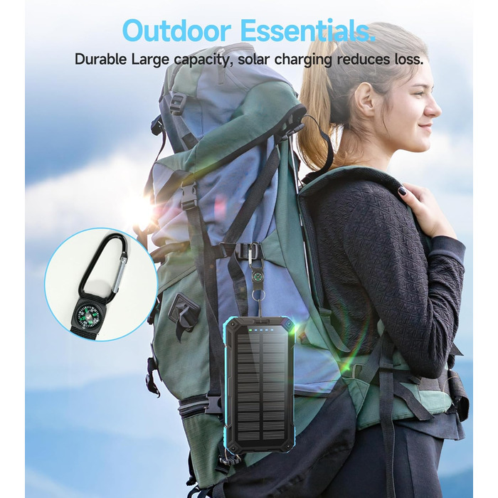 Портативний зарядний пристрій Solar Powerbank 56800mAh з бездротовою зарядкою, 30W PD, 6 виходів, ліхтарик, для кемпінгу та подорожей (Синій)