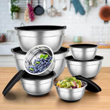 TEAMFAR Mixing Bowl Set of 7, Stainless Steel Bowl Salad Bowl Set with Airtight Lids and Silicone Bottom, Nesting & Dishwasher Safe, 0.7L / 1.2L / 1.5L / 2.5L / 2.8L / 3.5L / 6.5L, black