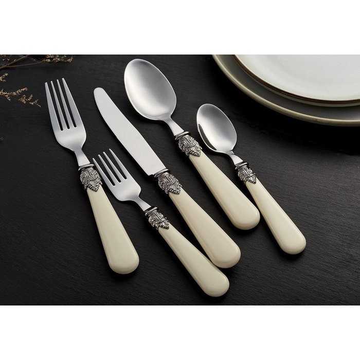 EXZACT Ivory Creme Flatware Set, 20 Pieces, Stainless Steel with Detailed Handles, Traditional, Elegant, Vintage Style/Antique