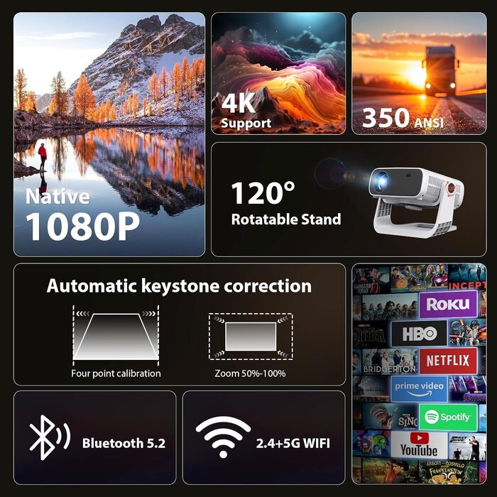 Розумний проєктор Beamer Full HD 1080P, 25000 люмен, Android 11, вбудовані додатки, 4D корекція трапеції, WiFi 6 & BT 5.2, проєктор для домашнього кіно 4K з поворотним підставою 120°, сумісний з iOS/Android/Laptops (Срібний)