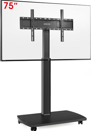 AOKCOS Rolling TV Stand with Shelf - Adjustable Height & Swivel - Fits 43-75 inch TVs (up to 50kg) - VESA 600x400mm - White & Natural Wood Finish