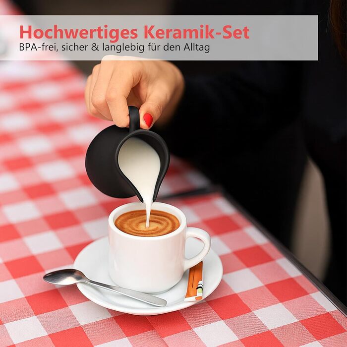 Набір для молока та цукру з кришкою та ложкою: молочник чорний керамічний та цукорниця з дерев'яним підносом, придатний для миття в посудомийній машині та використання в мікрохвильовій печі