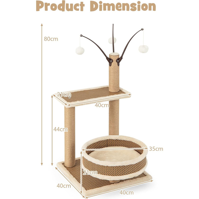 Кігтеточка SOARS для котів з ліжком, платформою та іграшками, 40x40x80 см