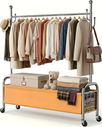 Вішалка для одягу 3-в-1 з кошиком для зберігання, нержавіюча сталь, витримує 115 кг, UP-R01