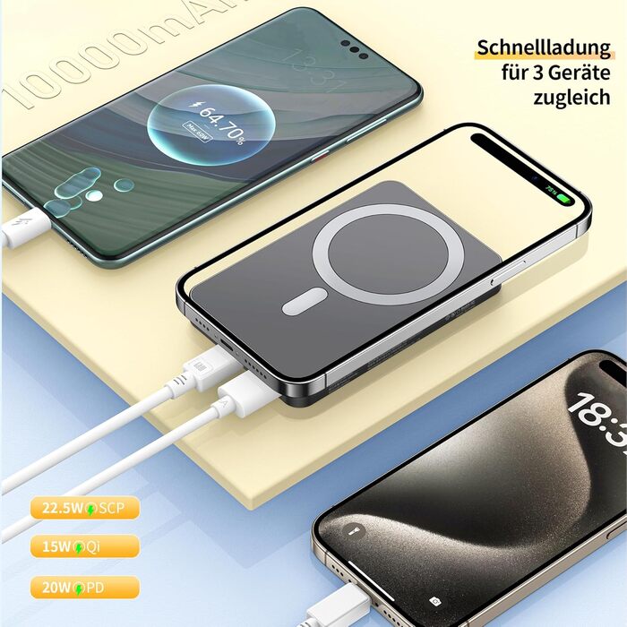 Портативний зарядний Power Bank Portentum MagSafe 10000 mAh: Швидка зарядка 22.5W, Qi 15W, USB-C, USB-A, Ultra-Slim 14mm для iPhone, Samsung, смартфонів, планшетів