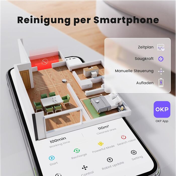 Робот-пилосос OKP K5P: потужність 5000Pa, навігація, HEPA-фільтр, Wi-Fi, для тварин, килимів, твердих підлог