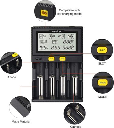 Зарядний пристрій для акумуляторів AUKSKY з LCD-дисплеєм (8 слотів) - універсальна зарядка для NI-MH, NI-Cd, AA, AAA, 14500, 18350, 21700, 26650, Li-Ion, LiFePO4, RCR123A (1.5A, 4 порти)