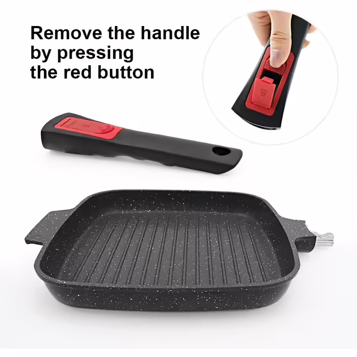 RANX INGST Grill Pan Induction with Removable Handle, 26 x 24 cm Steak Pan, Non-Stick Coated Aluminum Grill Pan, All Cooktops - (Black, no lid)