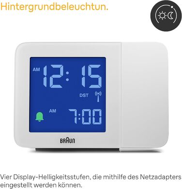 Braun Digital Radio Projection Clock for Central European Time Zone (DCF) with Negative LCD Display, Quick Set and White Alarm Beep, BC15W-DCF.