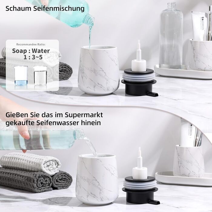 Набір аксесуарів для ванної кімнати Badezimmer Set Umlaca: мильниця, дозатор мила 350 мл, стакан для зубної пасти 320 мл, мильниця. Підходить для ванної кімнати та умивальника. Білий мармуровий дозатор мила.