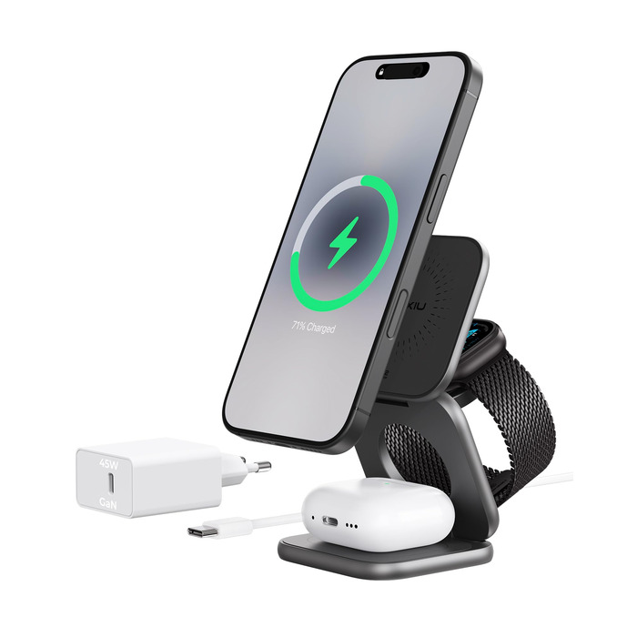 Бездротова зарядка 3-в-1 KU XIU X40 Turbo Qi2.2 25W для iPhone 15/14/13/12, Apple Watch, AirPods, з адаптером GaN 45W, сіра