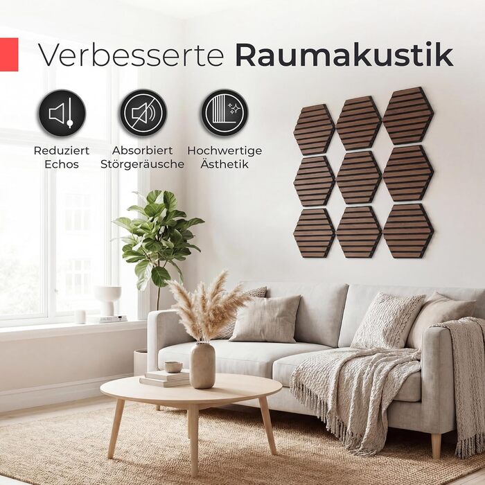 Акустичні панелі з натурального горіха самоклеючі, гексагон 30x26 см, набір 9 шт, чорний акустичний фетр, 3D панелі для шумоізоляції та оздоблення стін