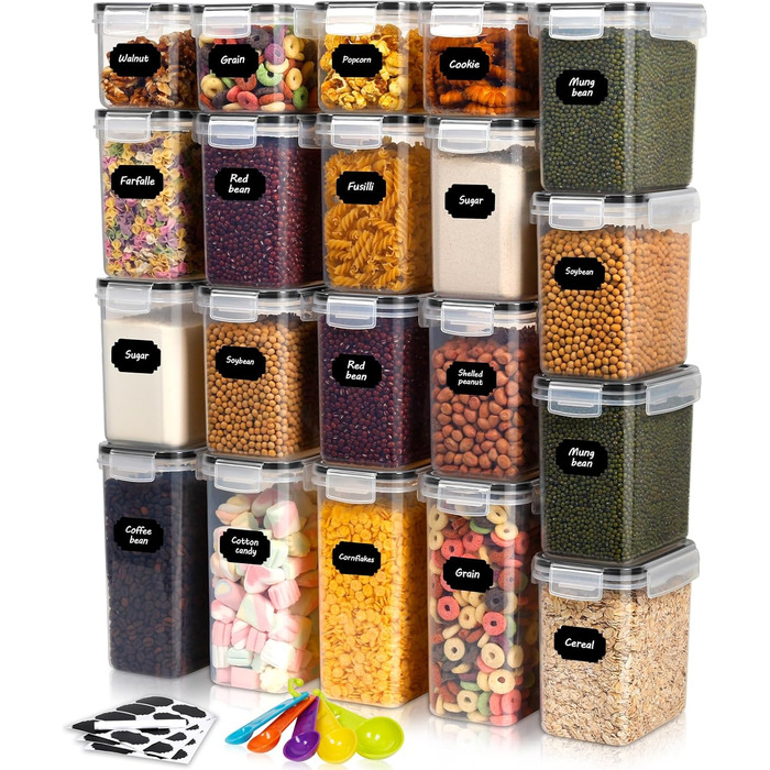 Набір контейнерів для продуктів на 20 штук з кришкою, герметичні, BPA-free, з етикетками, для зберігання круп, борошна, мюслі, кухонний органайзер