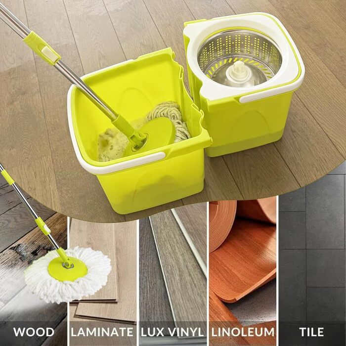 Набір для миття підлоги ARSUK з відром та механічним віджимом – набір для прибирання будинку | Відро для миття підлоги з мікрофіброю та 360° обертанням – ідеально для паркету, плитки та ламінату | 4 змінні насадки та утримувач для швабри з ароматом лимона