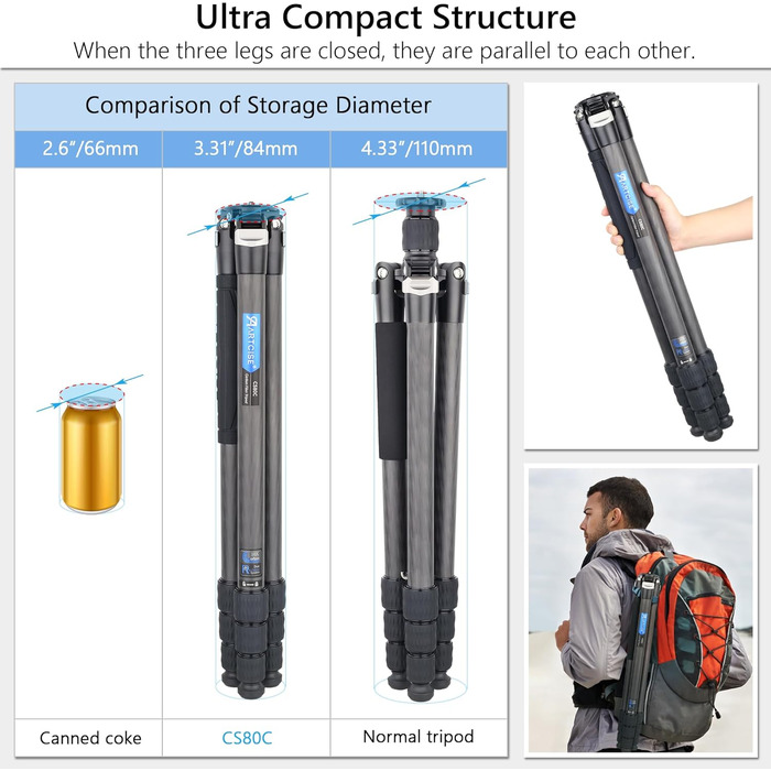 Штатив для камери ARTCISE з вуглецевого волокна з моноподом, 40 мм, для важкої техніки, 88 кг, CS80C