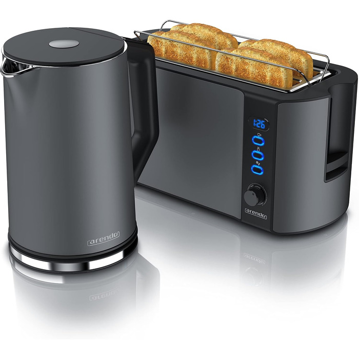 Електричний чайник та тостер Arendo SET з нержавіючої сталі Cool Grey, 1.5л, 40-100°C, підігрів, тостер на 4 тости, LED-дисплей, 6 рівнів підсмажування, підставка для булочок