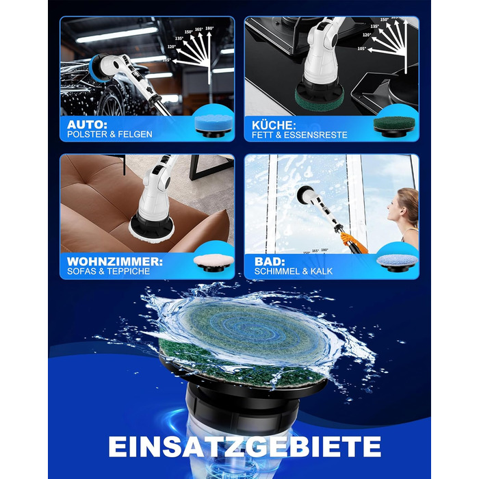 Електрична щітка для прибирання щілин, універсальна для ванної, кухні та авто. 8 насадок, регульована ручка, 3 швидкості. Набір з відром та шваброю