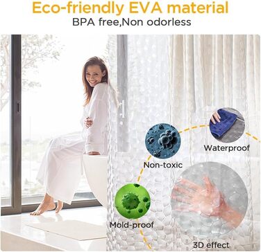 Шторка для душу AiQInu 180x200 см, 3D Eva, прозора, антигрибкова, водовідштовхувальна, для ванної кімнати, з 12 гачками