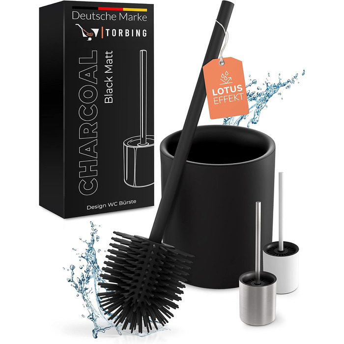 TORBING Кобура для унітазу з нержавіючої сталі та силікону - Елегантна щітка для унітазу з простим тримачем з високоякісної нержавіючої сталі - Гігієнічна щітка для унітазу з силікону з ефектом лотоса (Чорний матовий вугільний колір)