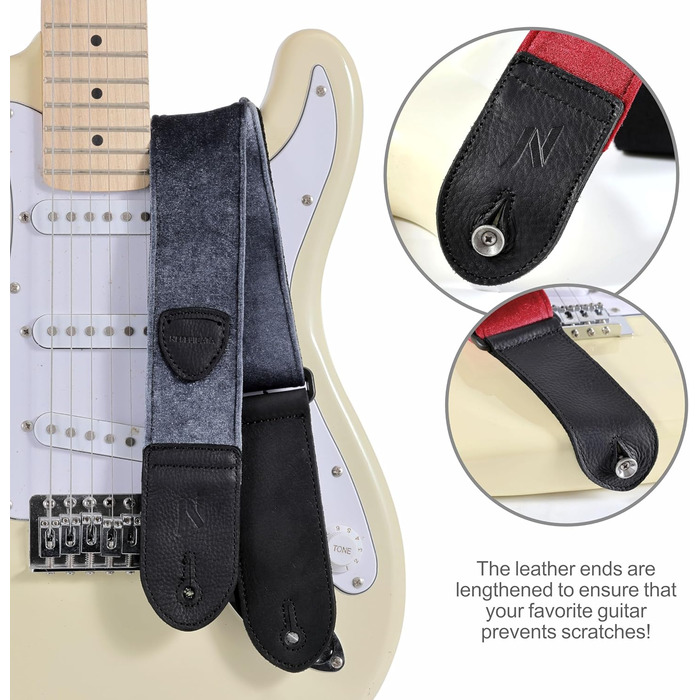 Гітарний ремінь Nefelibata з повного нубуку, вінтажний велюровий ремінь, безкоштовний бонус: 4 медіатори + фіксатори ремінця + кнопка для ремінця, подарунок для бас-гітари, електро- та акустичної гітари (Чарівний фіолетовий, вінтажний сірий)