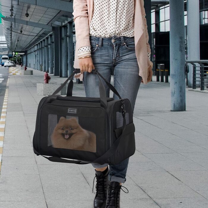 Транспортна переноска для котів та собак Petsfit, чорна, 47.5L x 33B x 33H см, з м'яким розкладним килимком та плечовим ременем