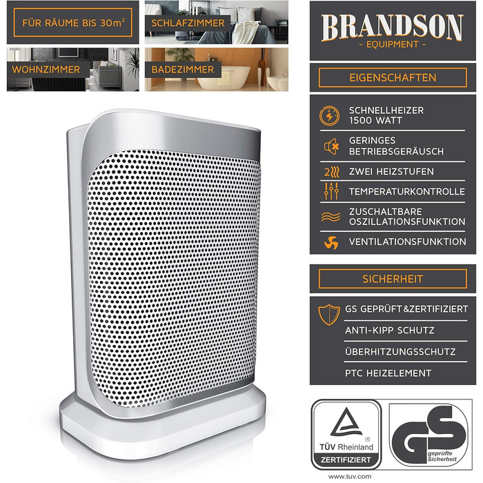 Електричний обігрівач Brandson 1500 Вт - тихий, енергоефективний, з керамічним нагрівачем, для ванної кімнати