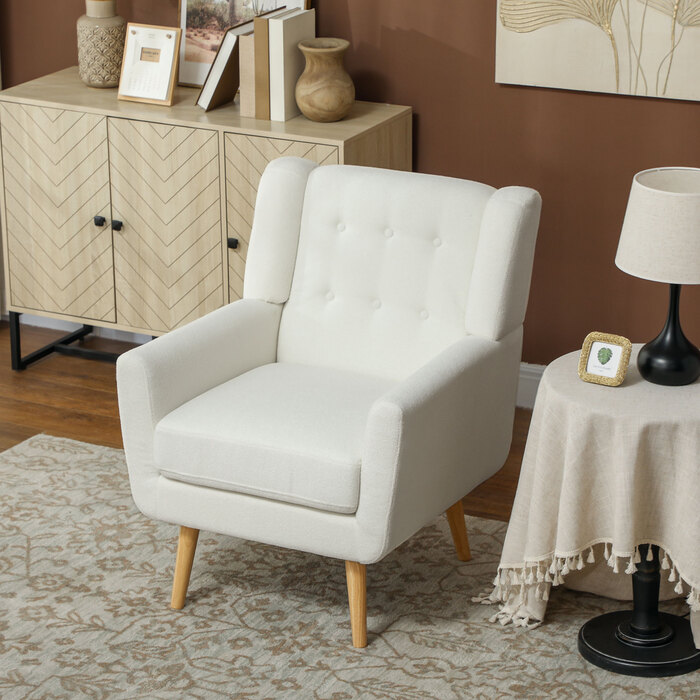 HOMCOM Armchair Living Room Wingback Chair Upholstered Tufted Lounge Chair Recliner with Teddy Fleece Look, Wooden Legs, Upholstered Chair for Bedroom, White | Aosom
