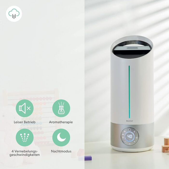 Leitz TruSens Ультразвуковий зволожувач повітря N-300, 45 м², з контролем вологості, для офісу, спальні та дитячої кімнати, 8 л, білий/сріблястий