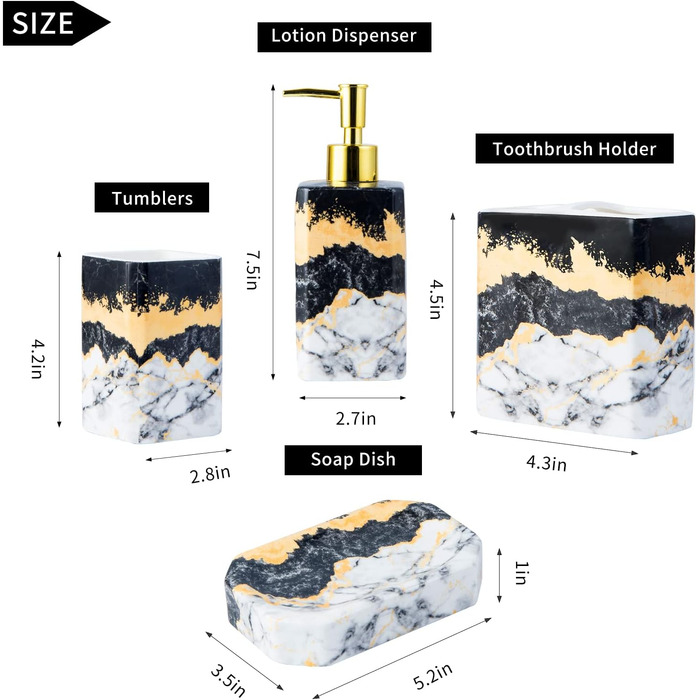 Набір аксесуарів для ванної кімнати (4 шт) – білий набір з дозатором для лосьйону, тримачем для зубних щіток, склянкою та мильницею – блискуча поверхня (мармур, білий) (чорний, білий)