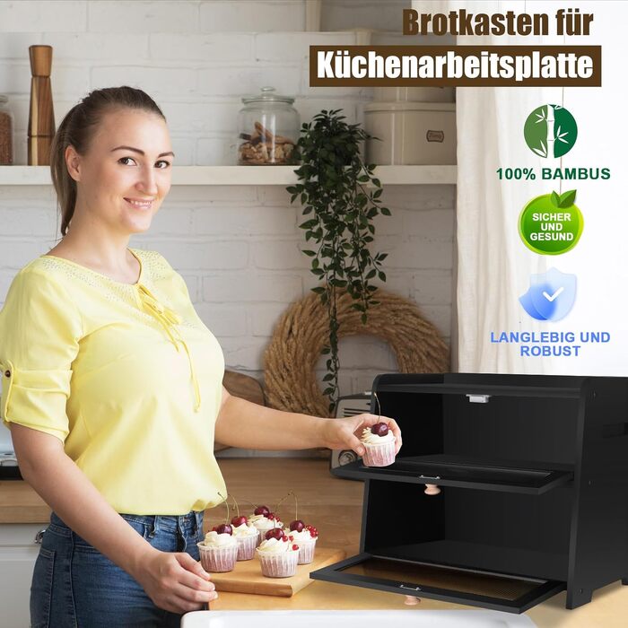 Бак для хліба з бамбука для кухні, 2-шаровий контейнер для домашнього хліба, чорний прямокутний, велика місткість