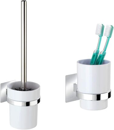 WENKO Turbo-Loc® WC-Garnitur Quadro - WC brush holder, 9.5 x 35.5 x 12 cm, Chrome & Turbo-Loc® toothbrush cup Quadro - toothbrush holder for toothbrush and toothpaste, 7 x 10 x 9.5 cm, Chrome