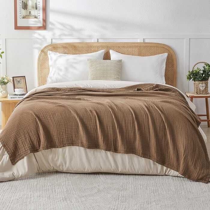 Плед EMME Baumwolldecke з 100% мусліну: м'який, дихаючий плед для дорослих, софа, крісло, всі сезони, бавовна, бежевий (127 x 177 см)