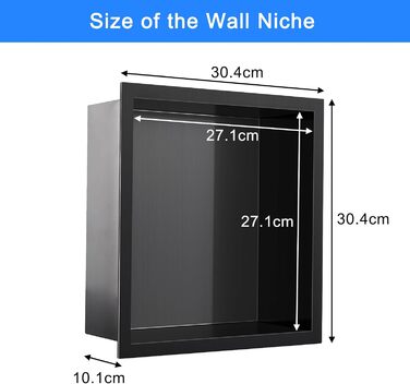 KINKIBOS Wall Niche Shower Stainless Steel, No Tiles Required, Recessed Shower Niche 30 x 30 x 10 cm, Shower Niche Single Shelf Storage Grey Black
