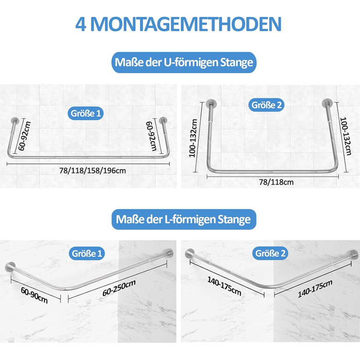 Регульована душова штанга U-подібної/L-подібної форми, 60-92 x 78-196 x 60-92 см, з 12 кільцями для шторки та підпоркою для стелі, для ванни/ванної кімнати, срібна