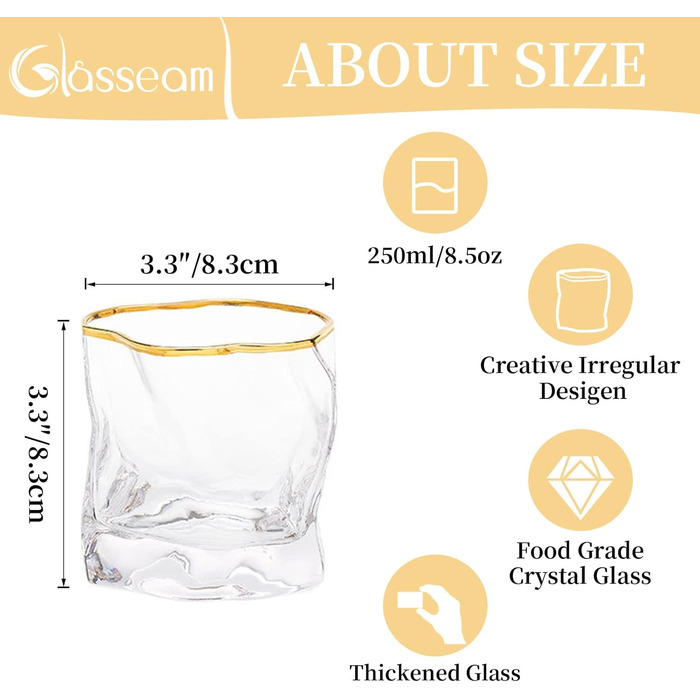 Набір склянок для віскі з нерівними гранями, 2 шт. Об'єм 250 мл. Стильні келихи для скотчу, бурбону, рому. Ідеальний подарунок для тата, чоловіка, друзів. Золотий край, прозорі.