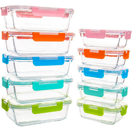 Набір з 10 скляних контейнерів для зберігання продуктів, з кришкою, BPA-Free, підходить для мікрохвильової печі, морозильника та посудомийної машини, різнокольорові