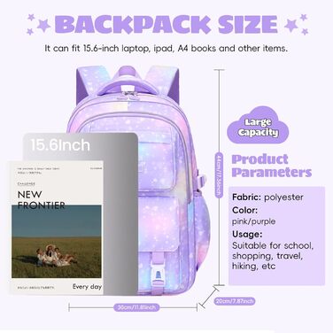 Шкільний рюкзак для дівчинки-підлітка 3 в 1, 2025, з ланч-боксом та пеналом, для ноутбука 15.6', гімназія, старша школа, подорожі - фіолетовий