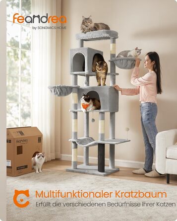 Дім для кота Feandrea, 175 см, XL, багатоярусний з 2 печерами, 2 лежаками, 5 стовпчиками для дряпання, щіткою для котів, великою платформою, PCT182G01 (XXL, таунграу)